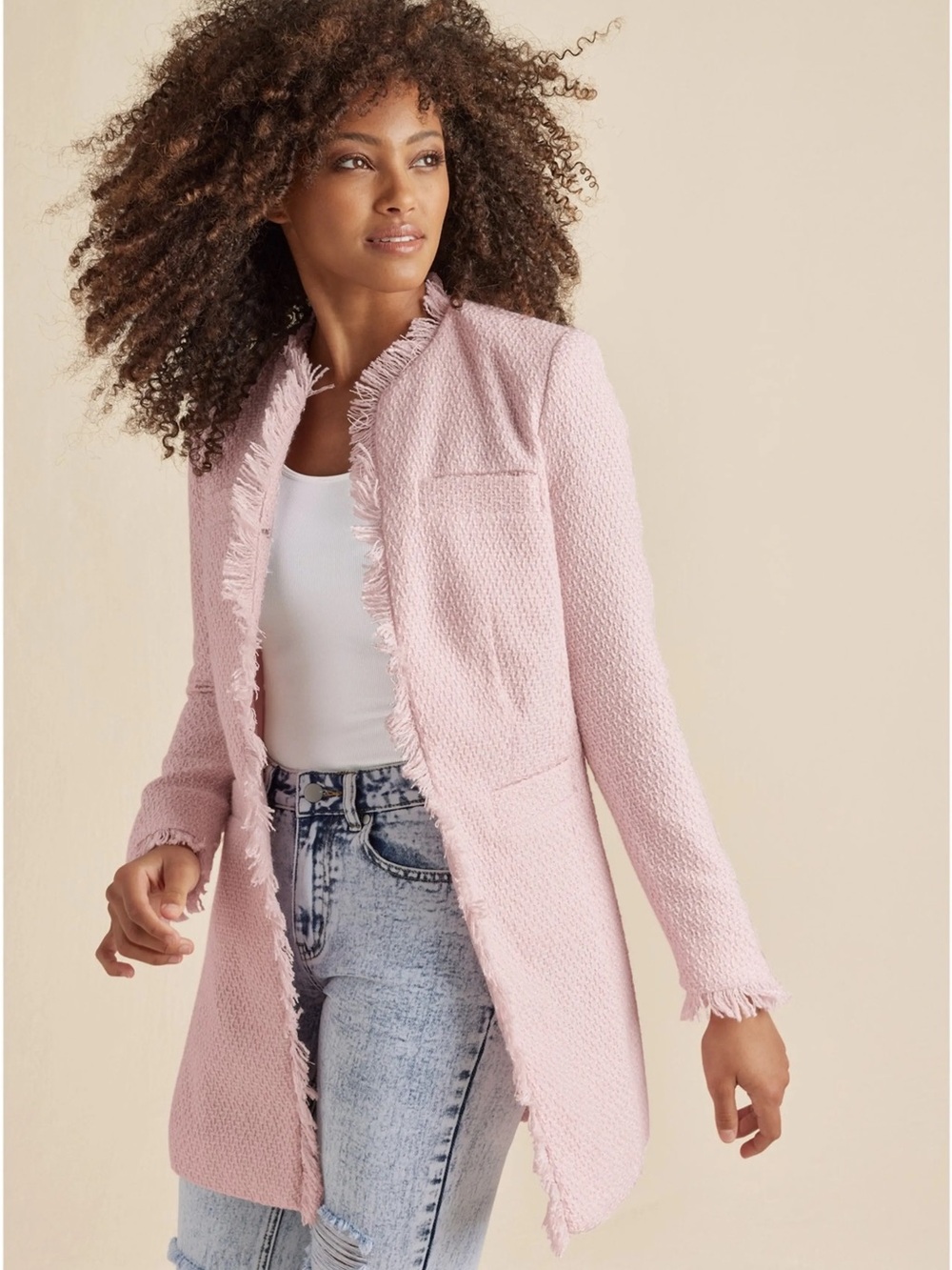 VENUS Pink Bouclé Tweed Longline Jacket Blazer Fringe Size 12 NWOT